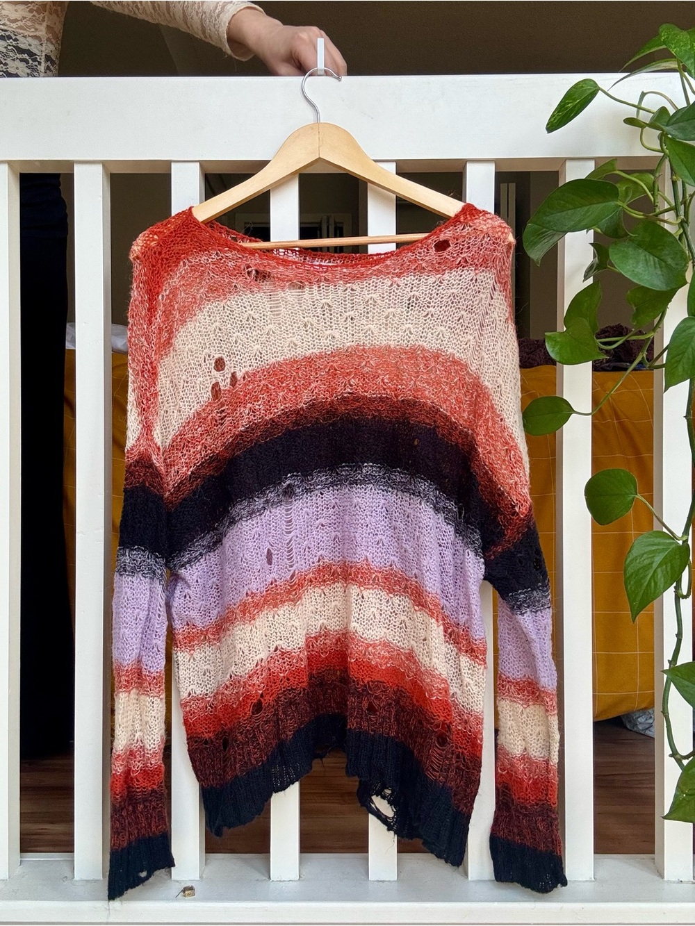 Kimchi Blue Open-Knit Striped Crew Sweater in Rust, Lavender, Cream & Black